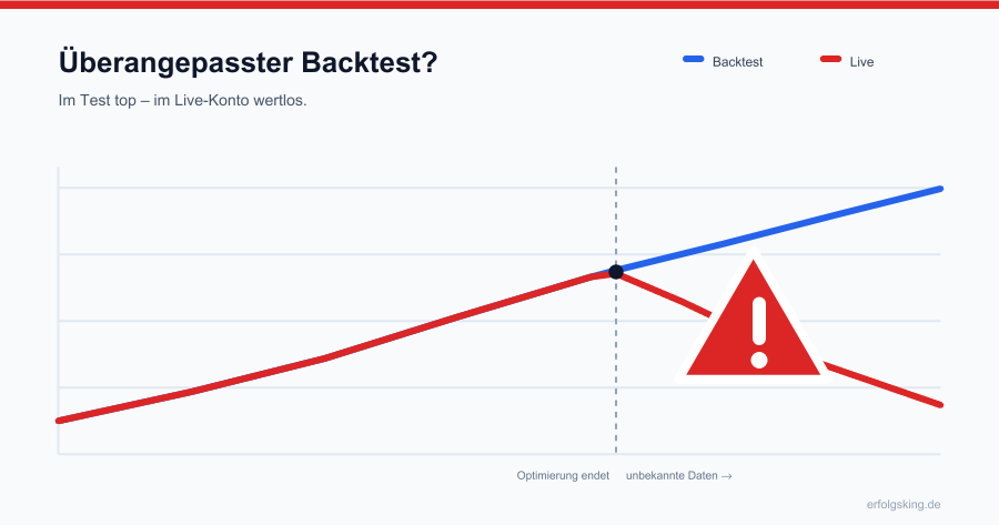 Überangepasster Backtest: die Backtest-Kurve steigt weiter, während die Live-Ergebnisse nach der Optimierungsgrenze einbrechen
